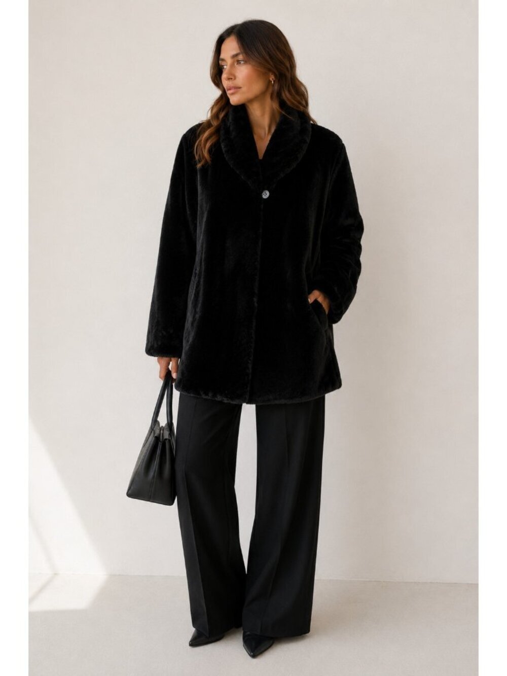 Vintage Black Genuine Mouton Sheepskin Fur Coat Swing A-Line Winter Jacket L/XL